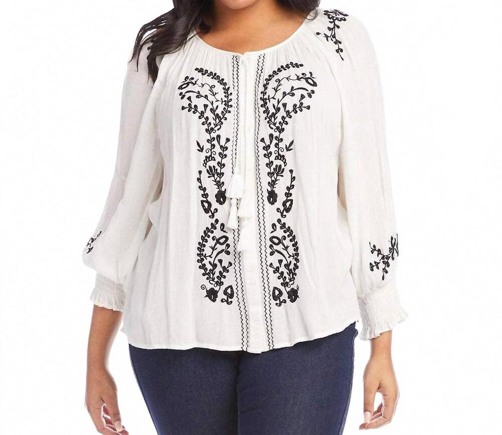 NEW KAREN KANE embroidered peasant top - plus in off white